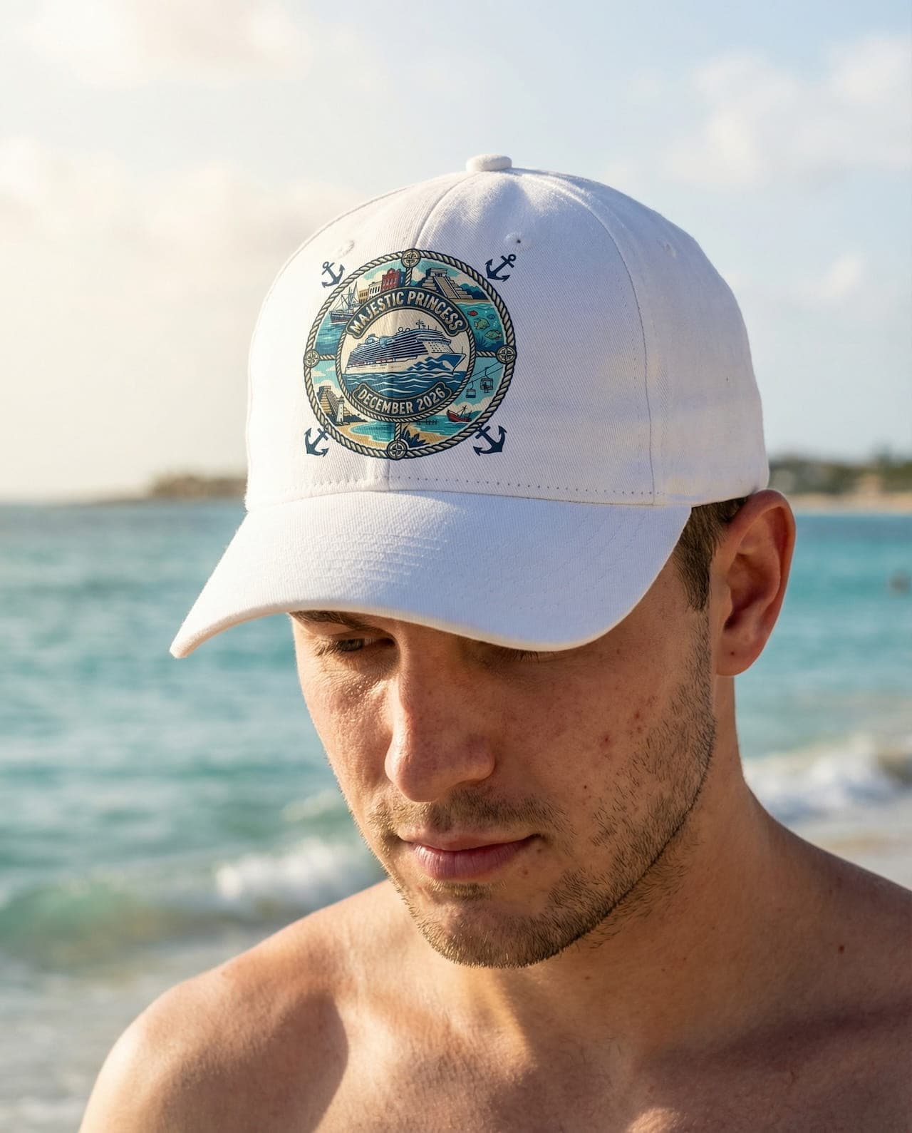 Custom embroidered hat with cruise artwork