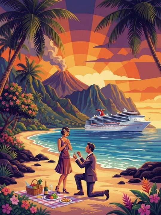 Funny cruise moment artwork - proposal scene in Hawaii