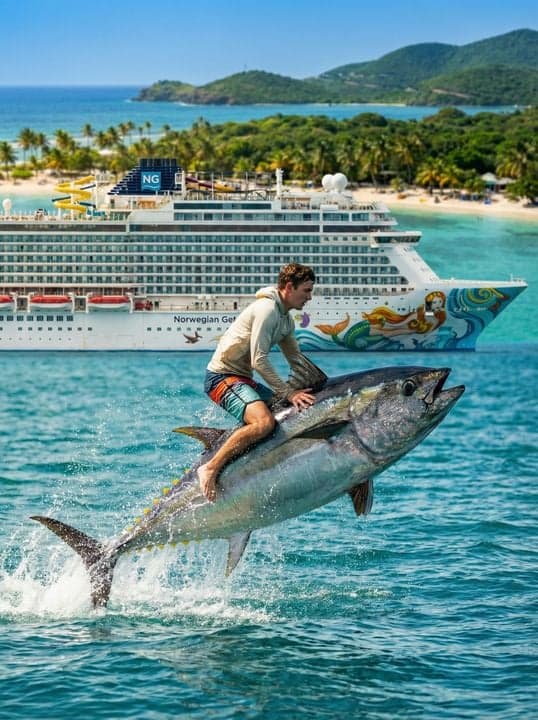 Hilarious cruise fishing moment artwork