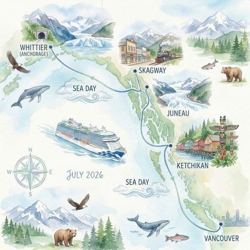 Watercolor cruise route map showing an Alaskan cruise itinerary