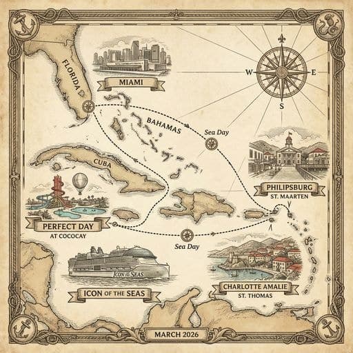Old-fashioned nautical Caribbean cruise map